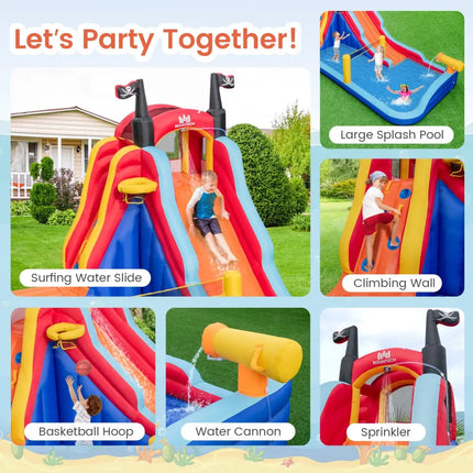 5-in-1 Inflatable Bounce House with 2 Water Slides and Large Splash Pool With 680W Blower - Blue - Inflatable Water
