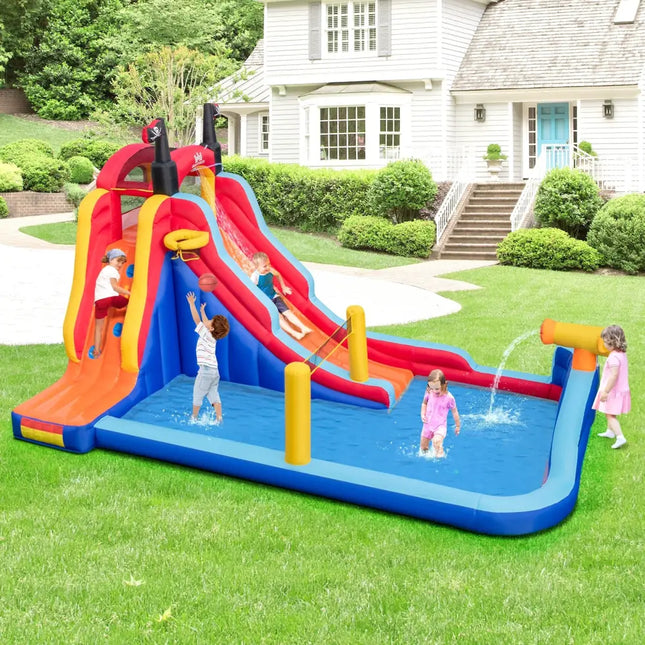 5-in-1 Inflatable Bounce House with 2 Water Slides and Large Splash Pool With 680W Blower - Blue - Inflatable Water