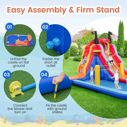 5-in-1 Inflatable Bounce House with 2 Water Slides and Large Splash Pool With 680W Blower - Blue - Inflatable Water
