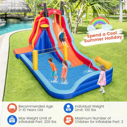 5-in-1 Inflatable Bounce House with 2 Water Slides and Large Splash Pool With 680W Blower - Blue - Inflatable Water