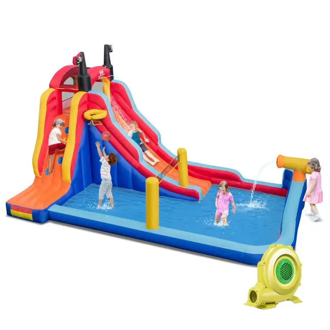 5-in-1 Inflatable Bounce House with 2 Water Slides and Large Splash Pool With 950W Blower - Blue - Inflatable Water