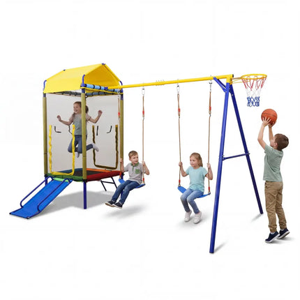 5-in-1 Kids Swing Set for Backyard with Heavy-duty Metal Swing Stand-Yellow - Yellow - Swing & Playsets