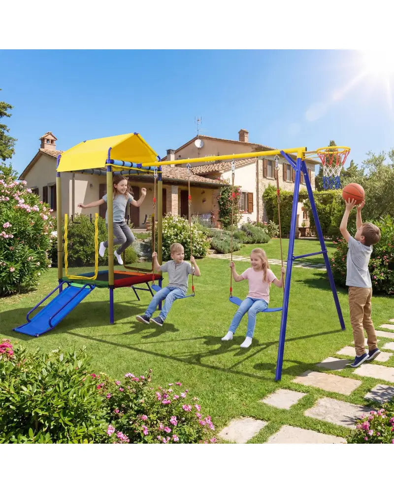 5-in-1 Kids Swing Set for Backyard with Heavy-duty Metal Swing Stand-Yellow - Yellow - Swing & Playsets