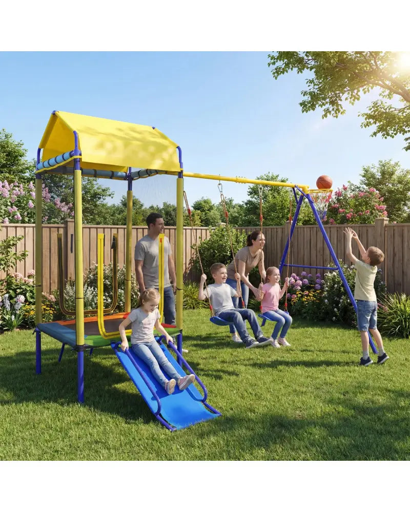 5-in-1 Kids Swing Set for Backyard with Heavy-duty Metal Swing Stand-Yellow - Yellow - Swing & Playsets