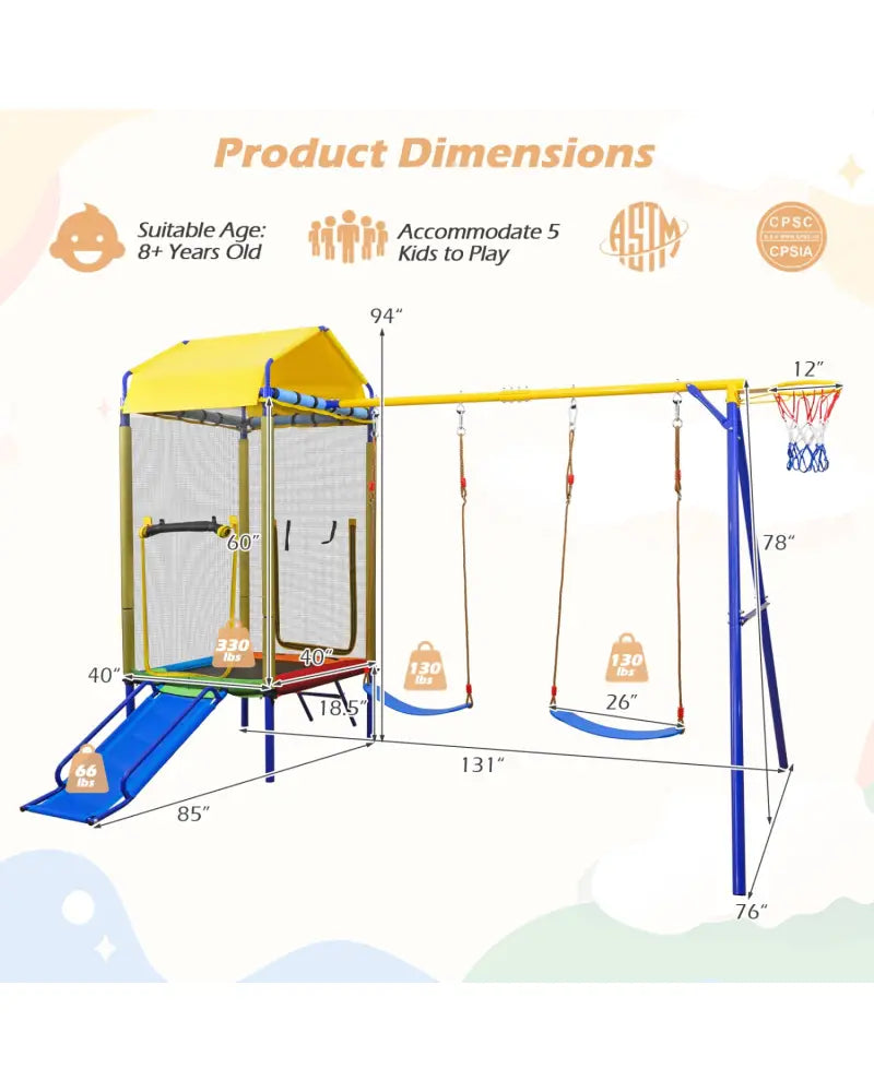 5-in-1 Kids Swing Set for Backyard with Heavy-duty Metal Swing Stand-Yellow - Yellow - Swing & Playsets