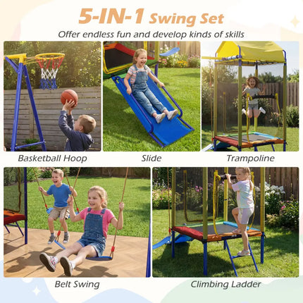 5-in-1 Kids Swing Set for Backyard with Heavy-duty Metal Swing Stand-Yellow - Yellow - Swing & Playsets