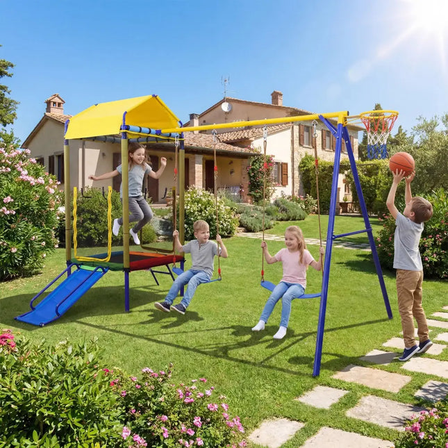 5-in-1 Kids Swing Set for Backyard with Heavy-duty Metal Swing Stand-Yellow - Yellow - Swing & Playsets