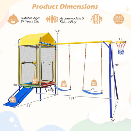 5-in-1 Kids Swing Set for Backyard with Heavy-duty Metal Swing Stand-Yellow - Yellow - Swing & Playsets