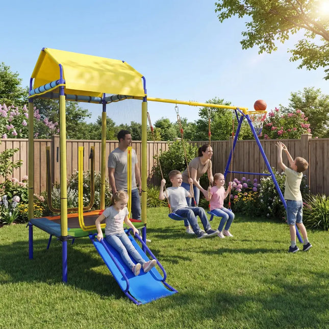 5-in-1 Kids Swing Set for Backyard with Heavy-duty Metal Swing Stand-Yellow - Yellow - Swing & Playsets