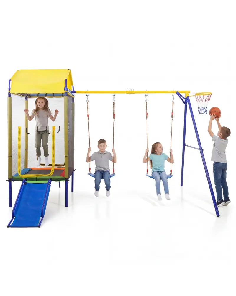 5-in-1 Kids Swing Set for Backyard with Heavy-duty Metal Swing Stand-Yellow - Yellow - Swing & Playsets