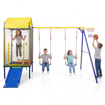 5-in-1 Kids Swing Set for Backyard with Heavy-duty Metal Swing Stand-Yellow - Yellow - Swing & Playsets