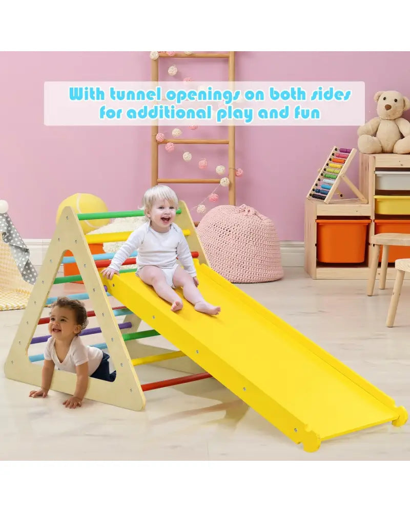 5 in 1 Kids Triangle Climber Play Gym Set with 2 Ramps - Natural - Climbers & Slides