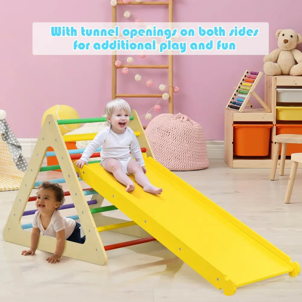 5 in 1 Kids Triangle Climber Play Gym Set with 2 Ramps - Natural - Climbers & Slides