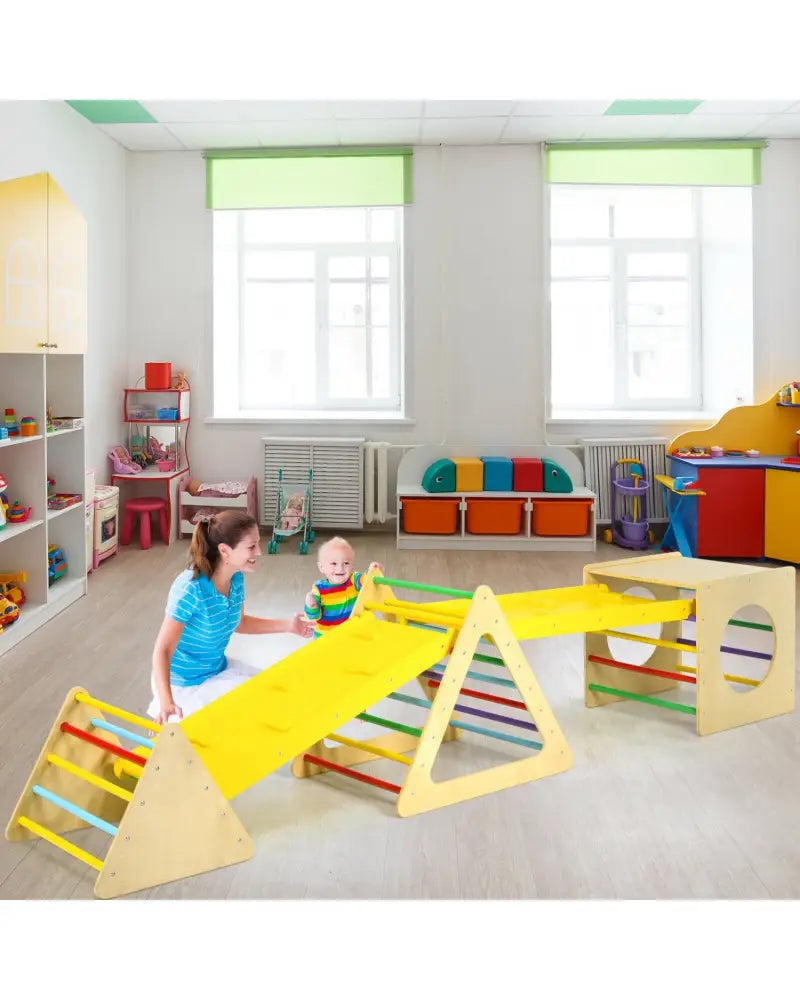 5 in 1 Kids Triangle Climber Play Gym Set with 2 Ramps - Natural - Climbers & Slides