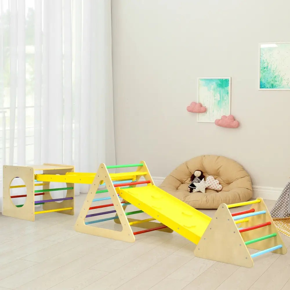 5 in 1 Kids Triangle Climber Play Gym Set with 2 Ramps - Natural - Climbers & Slides