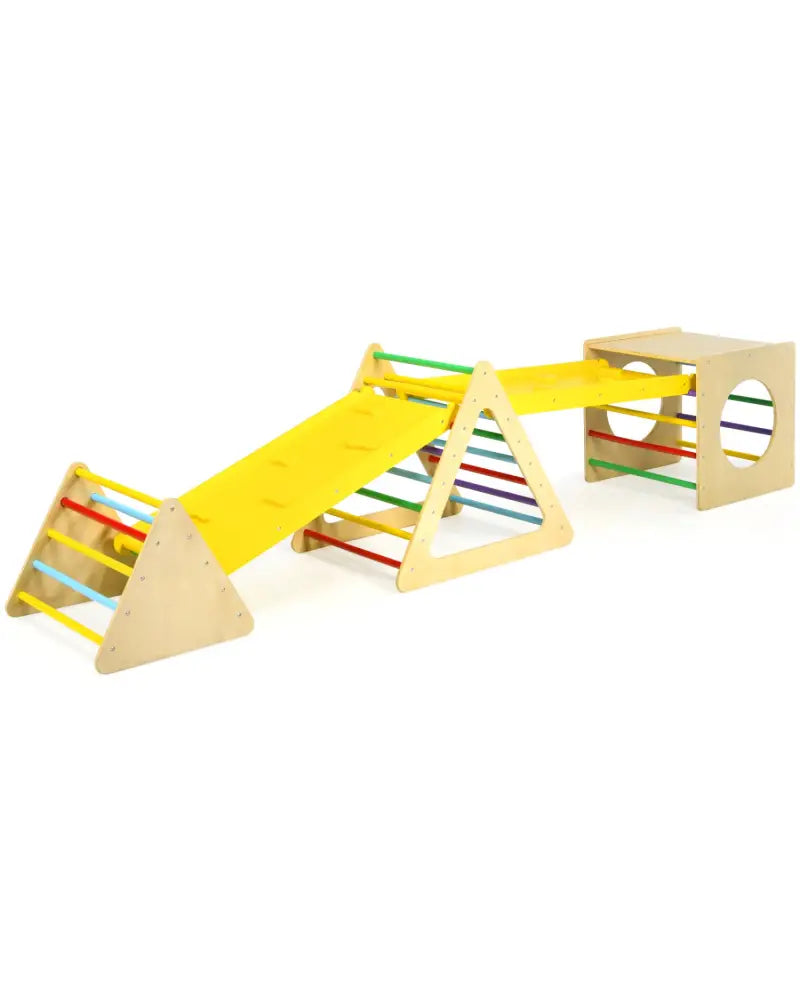 5 in 1 Kids Triangle Climber Play Gym Set with 2 Ramps - Natural - Climbers & Slides