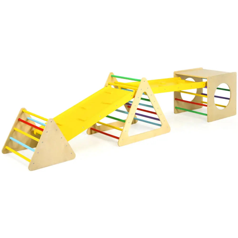 5 in 1 Kids Triangle Climber Play Gym Set with 2 Ramps - Natural - Climbers & Slides