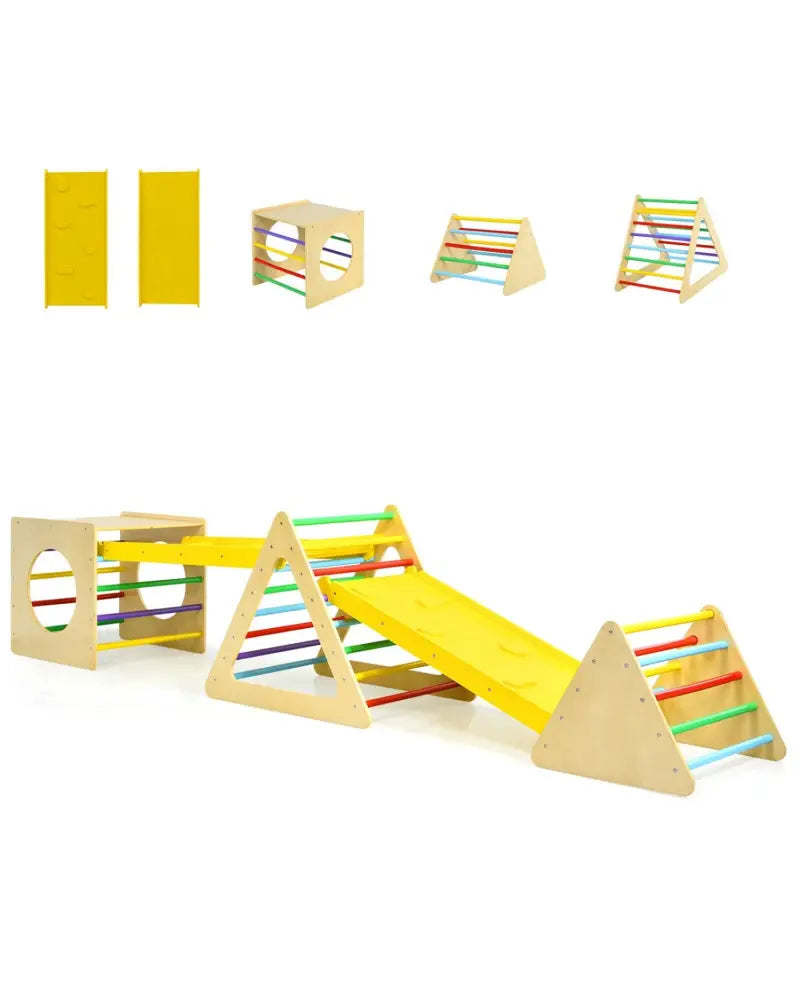5 in 1 Kids Triangle Climber Play Gym Set with 2 Ramps - Natural - Climbers & Slides