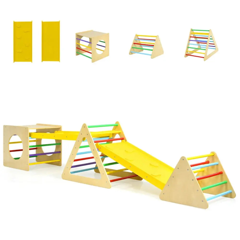 5 in 1 Kids Triangle Climber Play Gym Set with 2 Ramps - Natural - Climbers & Slides