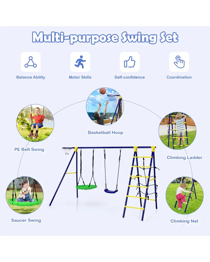 5-In-1 Outdoor Kids Swing Set with A-Shaped Metal Frame and Ground Stake - Blue - Swing & Playsets