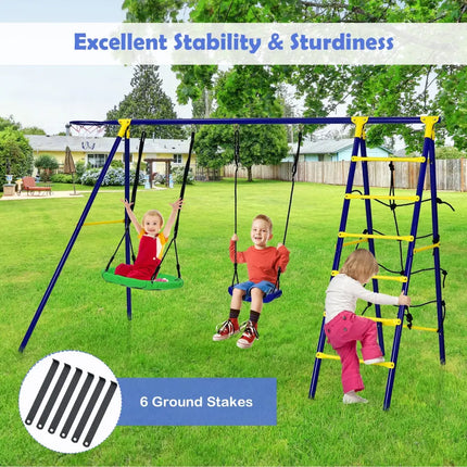 5-In-1 Outdoor Kids Swing Set with A-Shaped Metal Frame and Ground Stake - Blue - Swing & Playsets