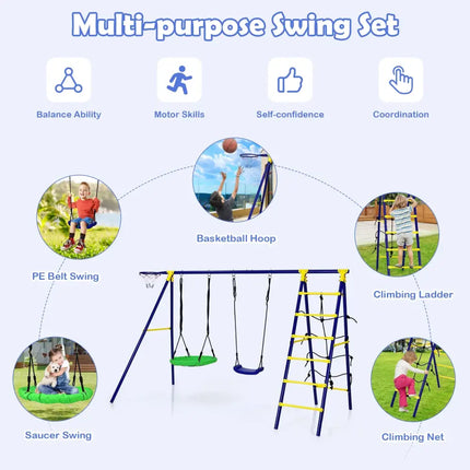 5-In-1 Outdoor Kids Swing Set with A-Shaped Metal Frame and Ground Stake - Blue - Swing & Playsets