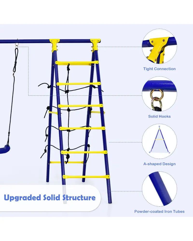 5-In-1 Outdoor Kids Swing Set with A-Shaped Metal Frame and Ground Stake - Blue - Swing & Playsets