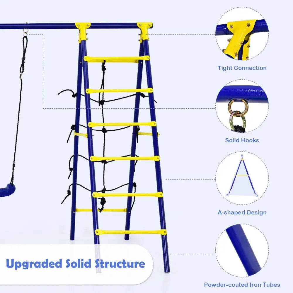 5-In-1 Outdoor Kids Swing Set with A-Shaped Metal Frame and Ground Stake - Blue - Swing & Playsets