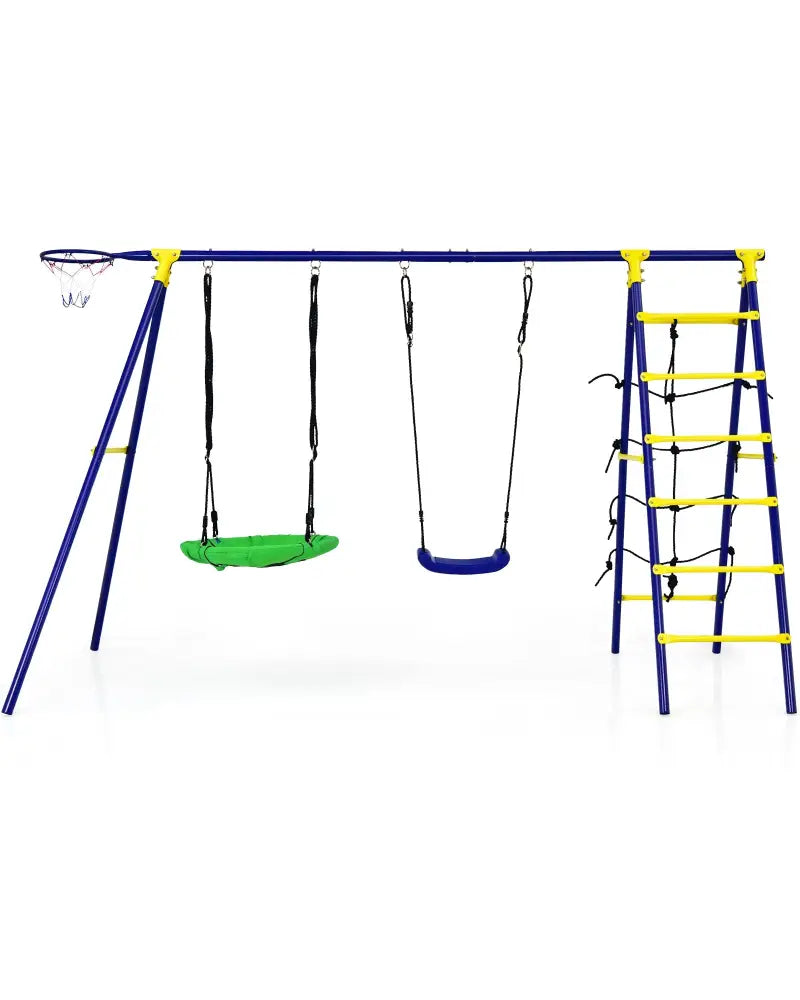 5-In-1 Outdoor Kids Swing Set with A-Shaped Metal Frame and Ground Stake - Blue - Swing & Playsets