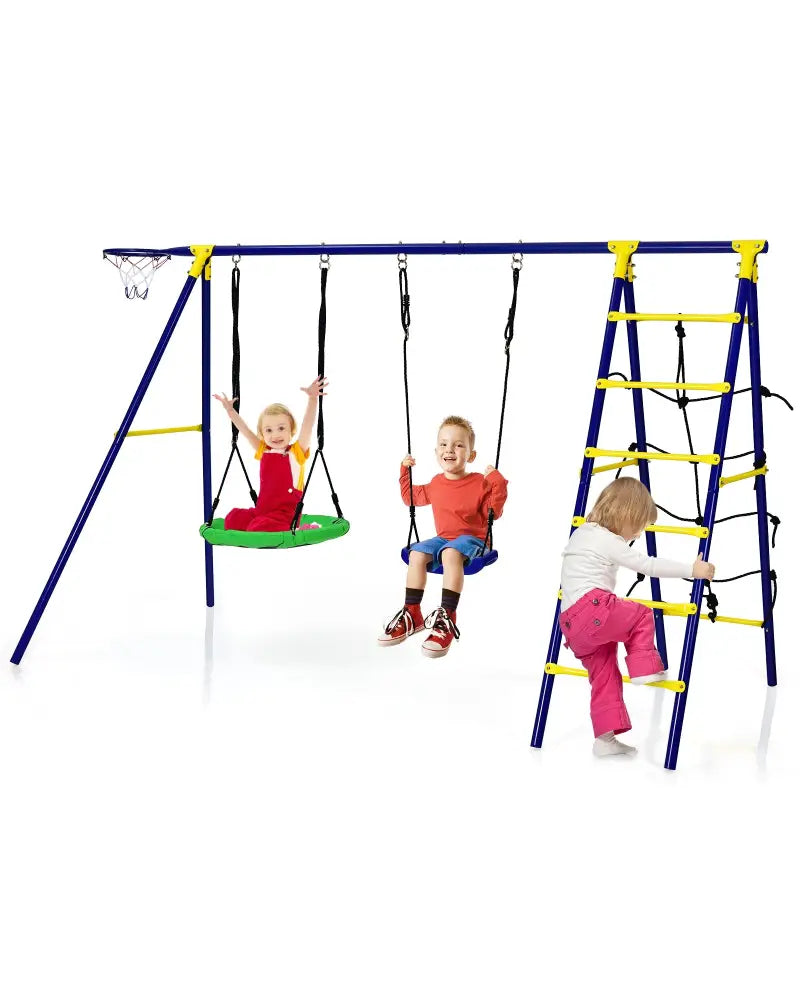 5-In-1 Outdoor Kids Swing Set with A-Shaped Metal Frame and Ground Stake - Blue - Swing & Playsets