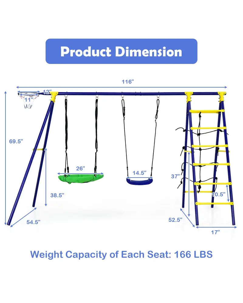 5-In-1 Outdoor Kids Swing Set with A-Shaped Metal Frame and Ground Stake - Blue - Swing & Playsets