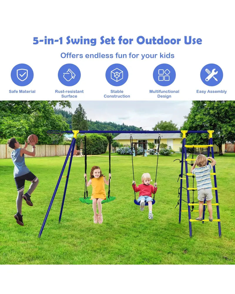 5-In-1 Outdoor Kids Swing Set with A-Shaped Metal Frame and Ground Stake - Blue - Swing & Playsets