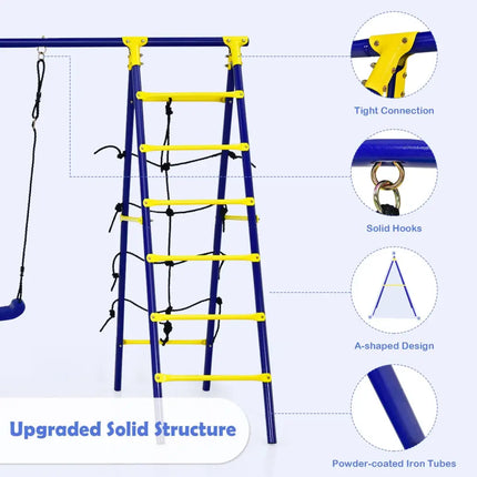 5-In-1 Outdoor Kids Swing Set with A-Shaped Metal Frame and Ground Stake - Blue - Swing & Playsets