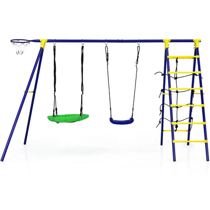 5-In-1 Outdoor Kids Swing Set with A-Shaped Metal Frame and Ground Stake - Blue - Swing & Playsets