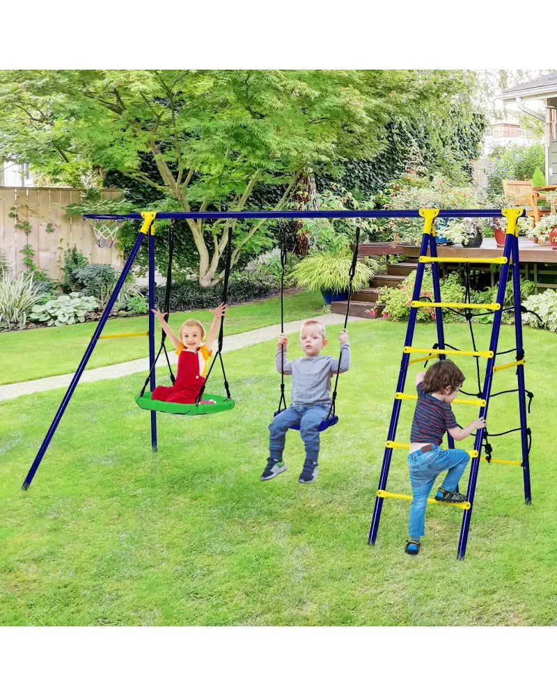 5-In-1 Outdoor Kids Swing Set with A-Shaped Metal Frame and Ground Stake - Blue - Swing & Playsets