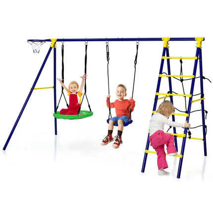 5-In-1 Outdoor Kids Swing Set with A-Shaped Metal Frame and Ground Stake - Blue - Swing & Playsets