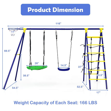5-In-1 Outdoor Kids Swing Set with A-Shaped Metal Frame and Ground Stake - Blue - Swing & Playsets