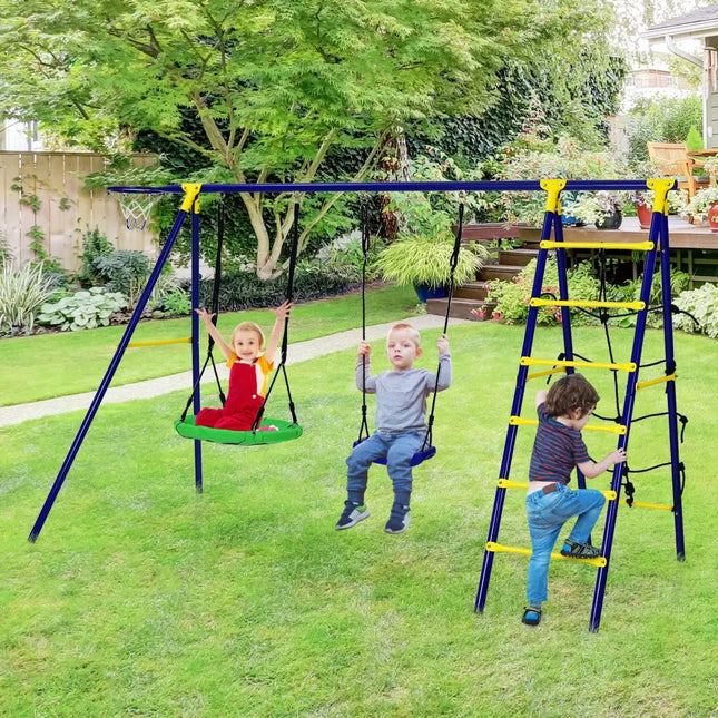 5-In-1 Outdoor Kids Swing Set with A-Shaped Metal Frame and Ground Stake - Blue - Swing & Playsets