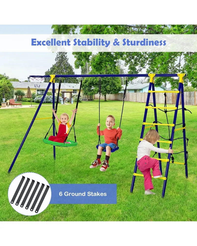 5-In-1 Outdoor Kids Swing Set with A-Shaped Metal Frame and Ground Stake - Blue - Swing & Playsets