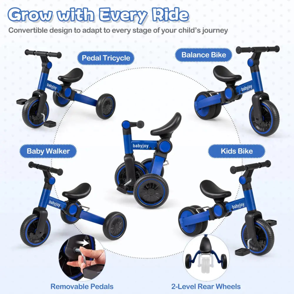 5-In-1 Toddler Bike Kids Balance Bike with Removable Pedals-Blue - Blue - Balance Bikes
