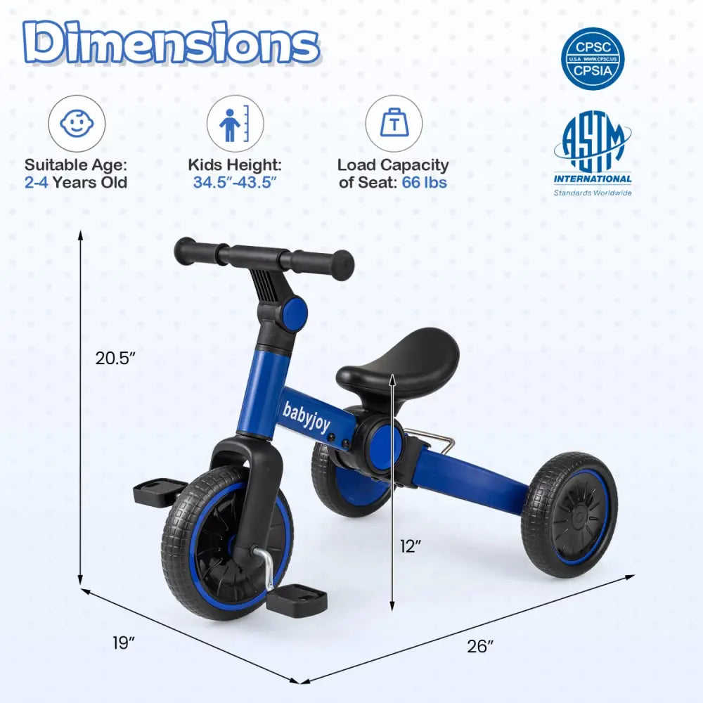 5-In-1 Toddler Bike Kids Balance Bike with Removable Pedals-Blue - Blue - Balance Bikes