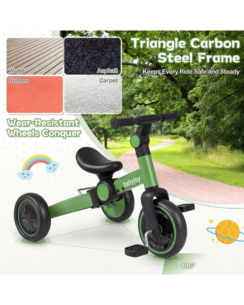 5-In-1 Toddler Bike Kids Balance Bike with Removable Pedals-Green - Green - Balance Bikes