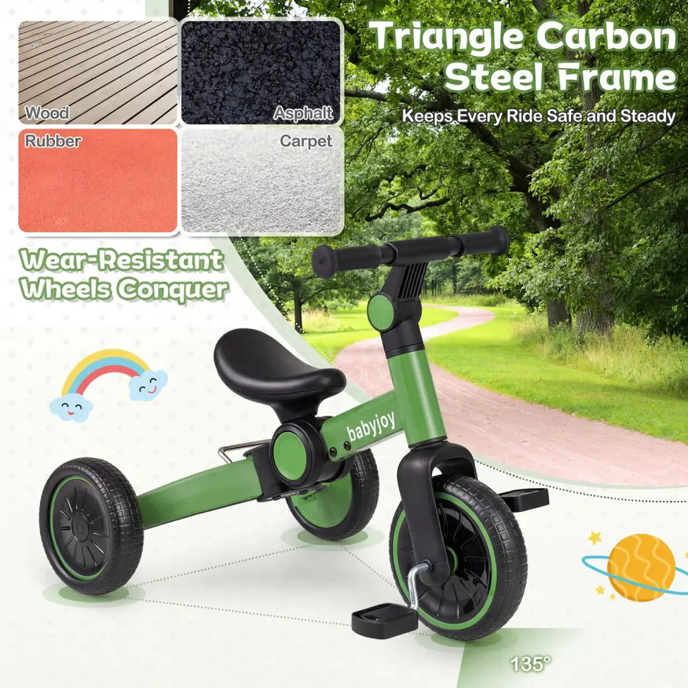 5-In-1 Toddler Bike Kids Balance Bike with Removable Pedals-Green - Green - Balance Bikes
