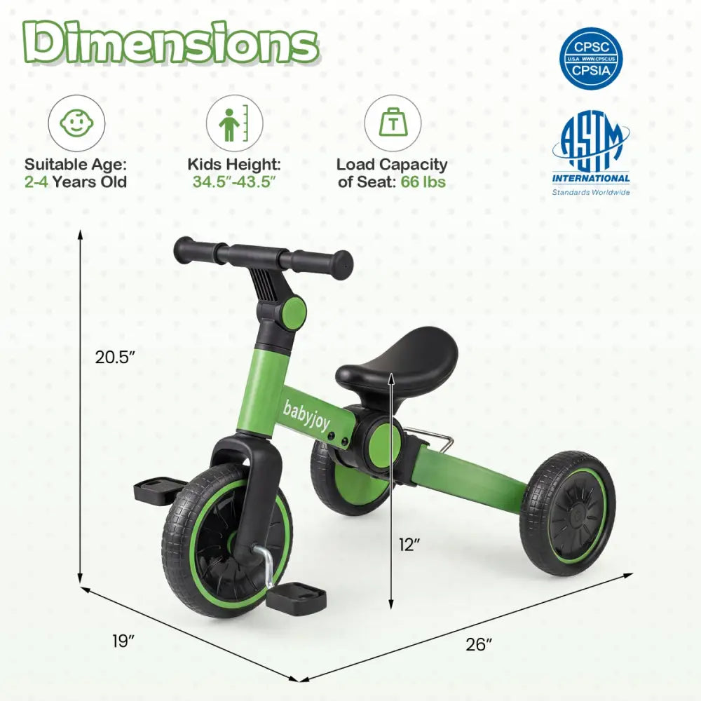 5-In-1 Toddler Bike Kids Balance Bike with Removable Pedals-Green - Green - Balance Bikes