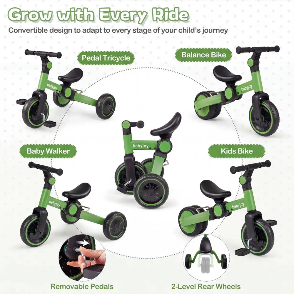 5-In-1 Toddler Bike Kids Balance Bike with Removable Pedals-Green - Green - Balance Bikes