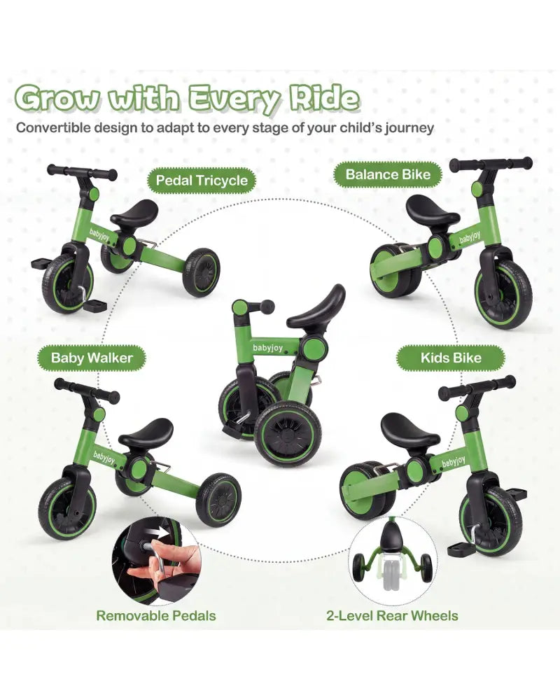 5-In-1 Toddler Bike Kids Balance Bike with Removable Pedals-Green - Green - Balance Bikes