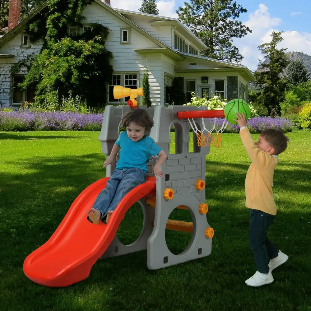 5 in 1 Toddler Climber Slide Playset with Basketball Hoop and Telescope - Multicolor - Climbers & Slides