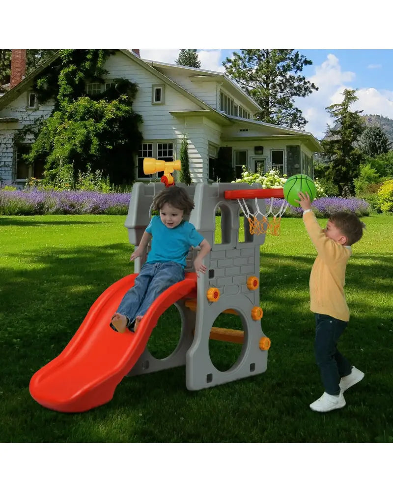 5 in 1 Toddler Climber Slide Playset with Basketball Hoop and Telescope - Multicolor - Climbers & Slides