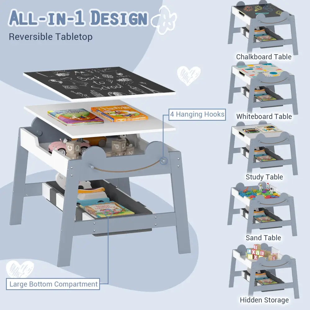 5-in-1 Toddler Table and 2 Chairs Cute Art Desk Set with Reversible Chalkboard Whiteboard-Grey - Gray - Kids Table &