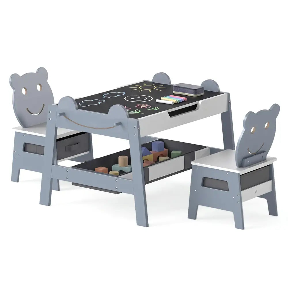 5-in-1 Toddler Table and 2 Chairs Cute Art Desk Set with Reversible Chalkboard Whiteboard-Grey - Gray - Kids Table &